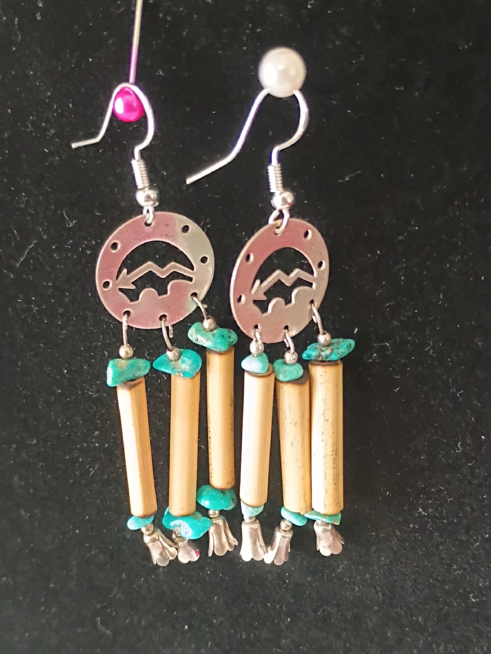 Native American Earrings  Silver Pllated Buffalo, Tulip And Turquoise Beads - Picture 7 of 11